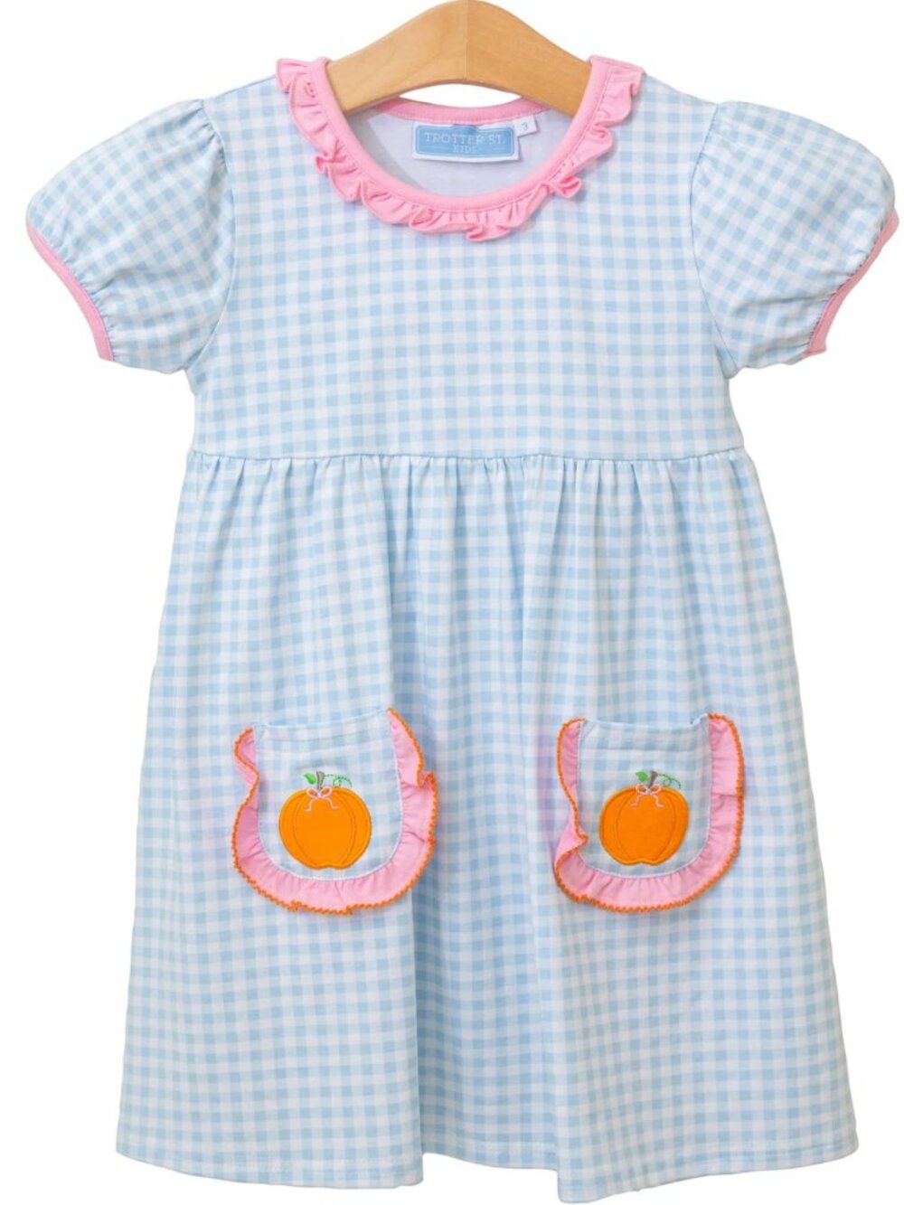EUC Trotter Street Kids Light Blue Check Dress - Orange Pumpkin Pockets Size 4